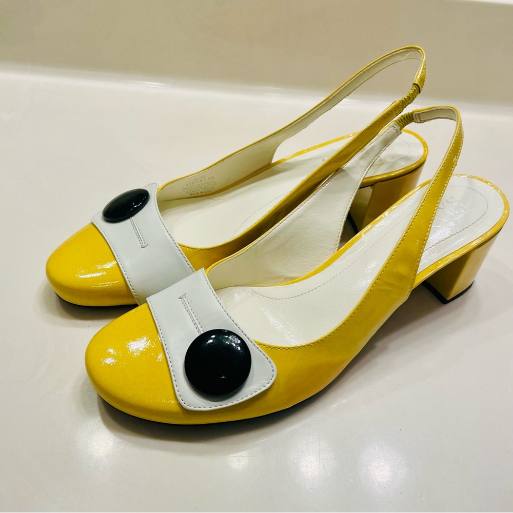 FRANCO SARTO Yellow Patent Leather Slingback Low Block Heel Shoes Retro Look
